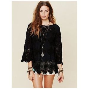 FREE PEOPLE Black Patchwork Crochet Tunic Top [F2]